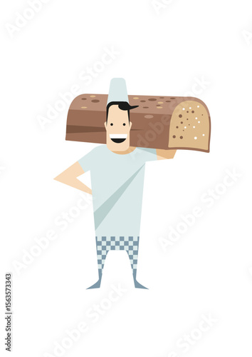 Happy baker carries a loaf of bread on his upper arm