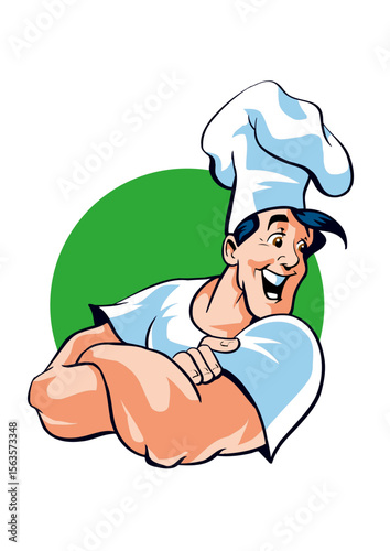 Happy baker with folded arms and a green background
