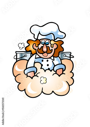 Funny baker with a mustache kneads dough for bread