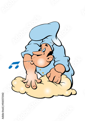 Whistling and happy baker kneads dough for bread