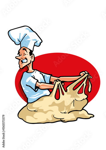 Baker kneads dough for bread