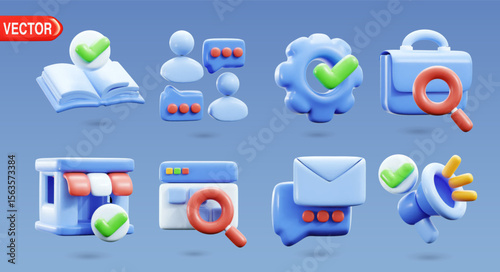 Set of 3D vector icons featuring book, user chat, settings gear, briefcase, store, browser search, email message, and megaphone. Glossy illustration, trendy isolated design elements
