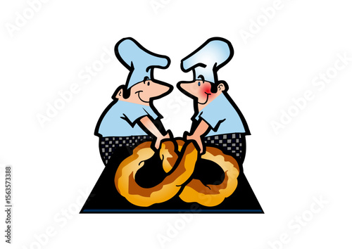 Two bakers helping each other make a pretzel
