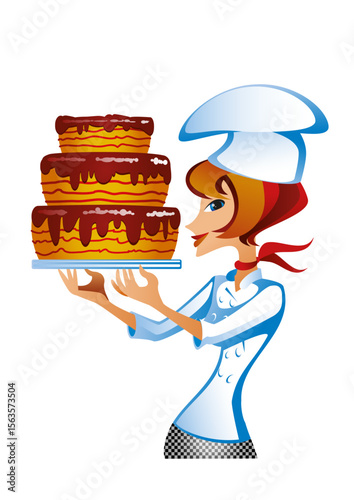 Female pastry chef with delicious chocolate cake