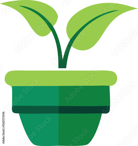 A simple stylized illustration of a young green plant with two leaves growing from a pot