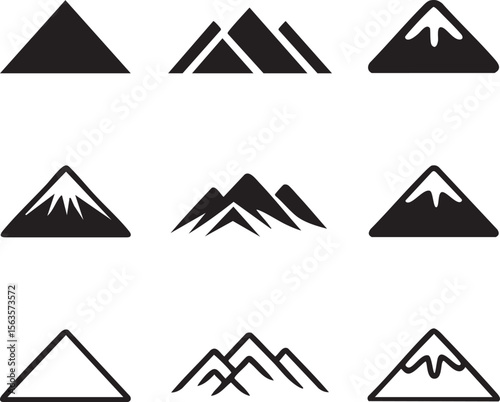 Nine minimalist black mountain icons set simple geometric triangle peak snowy range graphic design elements