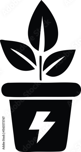 A stylized black silhouette of a potted plant with three leaves and a lightning bolt symbol on the pot
