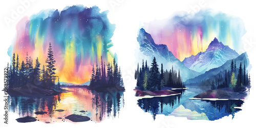 northern lights lanscape watercolor vector illustration