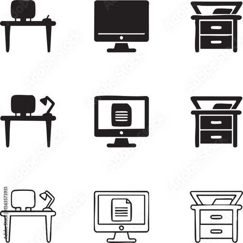 Nine minimalist black office icons set featuring desktop computers desks lamps and filing cabinets in solid and outline styles