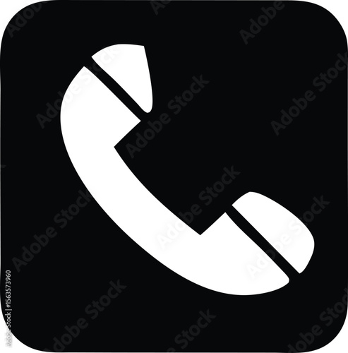 Simple white telephone handset icon on a black rounded square background representing communication and contact