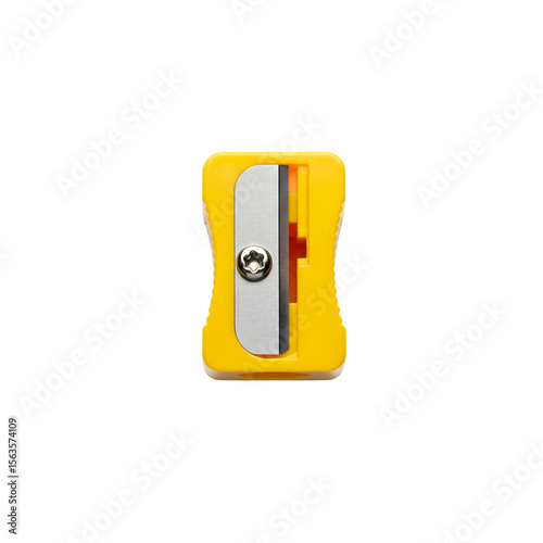 A bright yellow pencil sharpener with a silver blade is isolated on transparent background