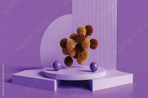 A minimalist product photography setup with a purple background and geometric elements