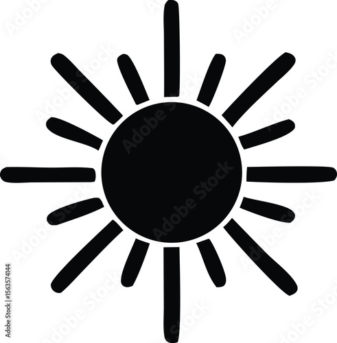 Simple black silhouette of a stylized sun with rounded rays radiating outwards against a clean white background