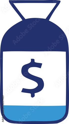 A stylized blue money bag icon with a dollar sign and a splash of blue at the bottom symbolizing finance and savings