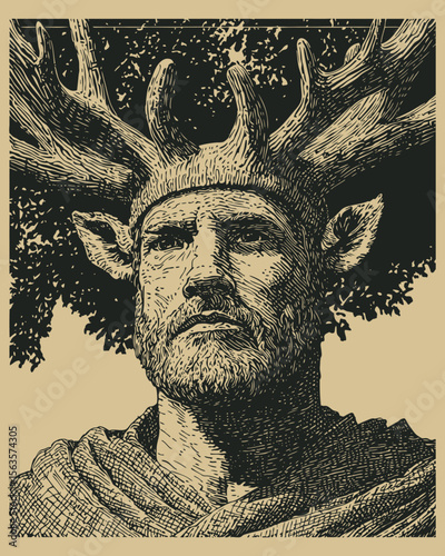 Portrait of a forest god, druid, or pagan deity with tree branch antlers and faun ears. Vector illustration in a classic retro engraving or woodcut style.