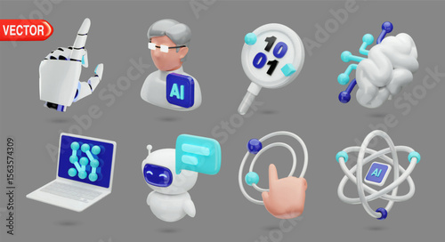 AI technology 3D realistic vector icons collection. Minimal design including robotic hand, AI chatbot, binary code, brain, laptop, magnifying glass, and scientific symbols
