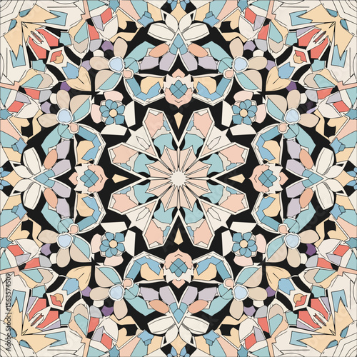 An exquisite and intricate Moroccan Zellige pattern reveals a kaleidoscopic floral mandala, rendered in a soft pastel color palette that provides a stunning contrast against a stark black background.