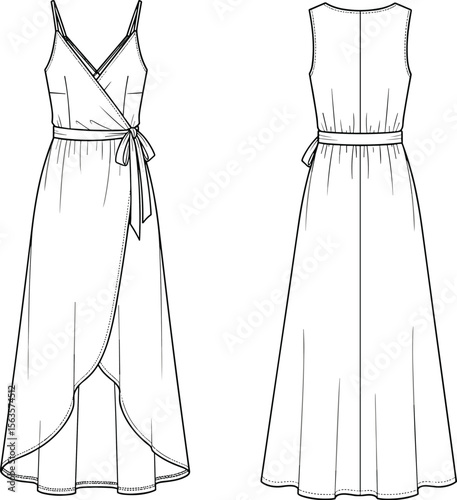 Wrap dress design, high-low skirt, spaghetti straps, tie waist fashion, V-neck front, round back, elegant silhouette, CAD drawing, flat vector, stylish, feminine