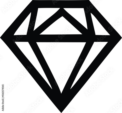 Bold black diamond shape with sharp geometric facets and clean lines against a stark white background representing a precious gemstone