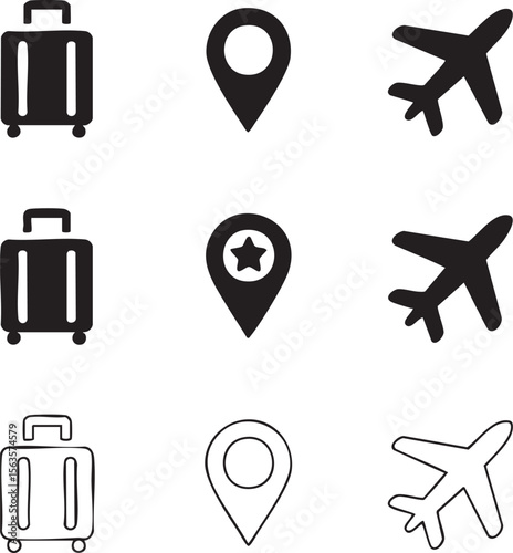 Nine minimalist flat travel icons set featuring black and white suitcase airplane and location pin symbols simple design