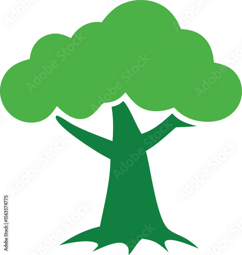 A stylized green tree with a rounded canopy and a thick trunk with spreading roots on a white background
