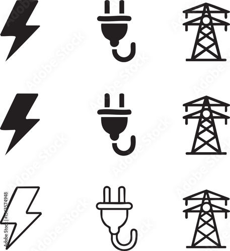 Set of Nine Minimalist Black Electricity Icons Lightning Bolt Plug and Pylon vector