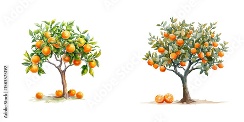 orange tree watercolor vector illustration