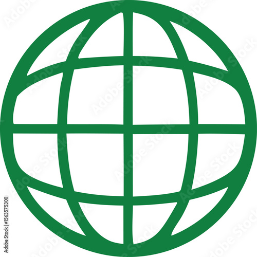 A simple clean and modern green globe icon with intersecting lines representing latitude and longitude