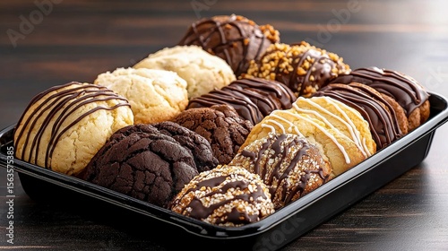 Assortment of Gourmet Cookies in Black Tray on Dark Wood Background