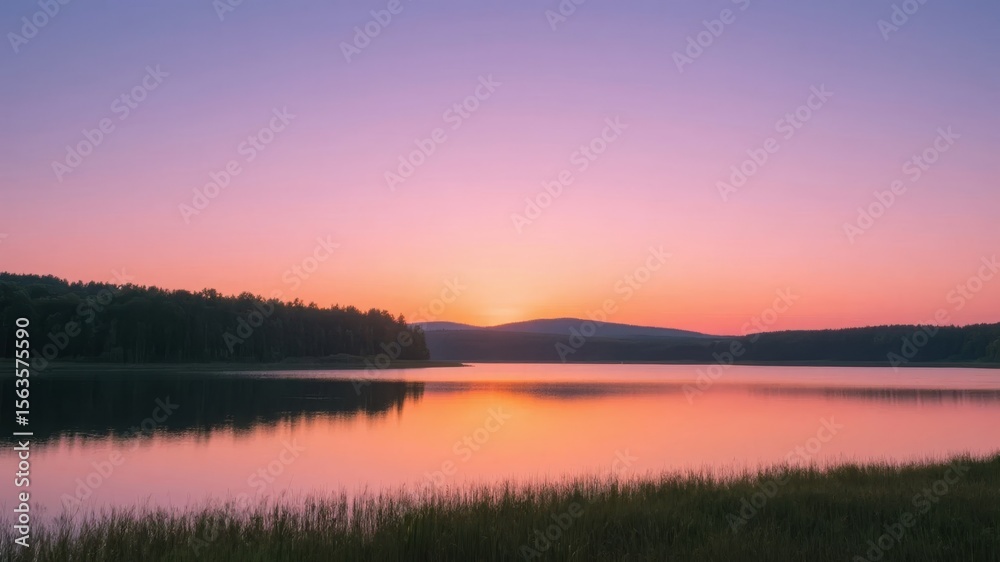 Fototapeta premium Sunset Over a Calm Lake with Reflections and Silhouetted Trees