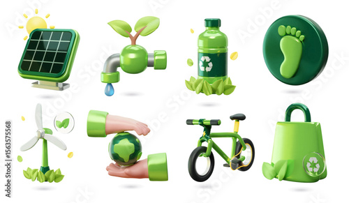 Eco-friendly 3D realistic vector icons collection. Featuring solar panel, water tap, recyclable bottle, wind turbine, bicycle, and green foot symbol, highlighting sustainability in a minimal plastic
