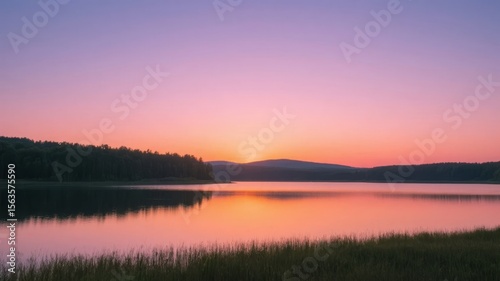 Sunset Over a Calm Lake with Reflections and Silhouetted Trees