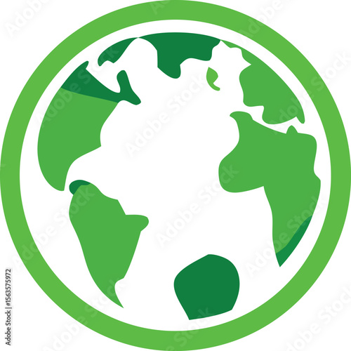 Stylized green earth globe icon with white continents and a circular border representing global ecology