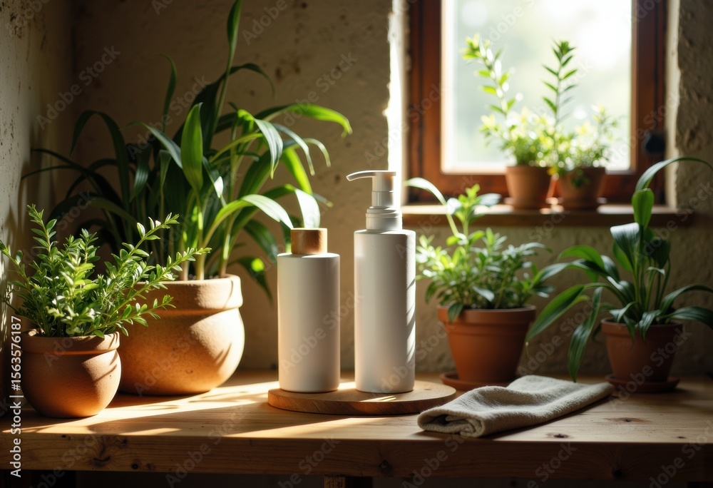 Fototapeta premium Indoor plant arrangement with natural sunlight, featuring potted greenery and skincare bottles on a wooden table