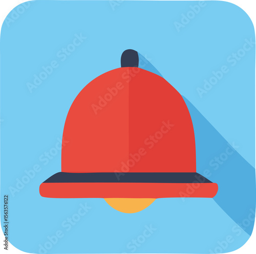 Modern flat design icon of a red bell with a dark blue clapper and a yellow striker on a light blue background with a long shadow
