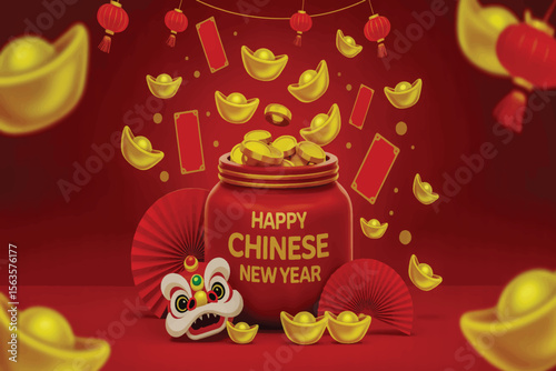 A vibrant Chinese New Year illustration featuring a red jar with gold coins, lanterns, red envelopes, lion dance, and festive decorations 