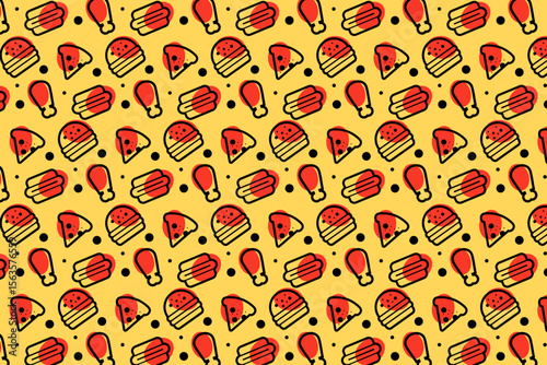 Seamless Fast Food Pattern with Burger, Pizza, Chicken & Sausage Icons – Flat Doodle Style