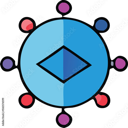 Stylized representation of a virus with a central diamond shape and colorful protruding spikes on a white background