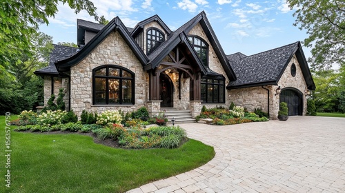 Beautiful Stone House with Dark Grey Roof Surrounded by Lush Garden on Bright Day