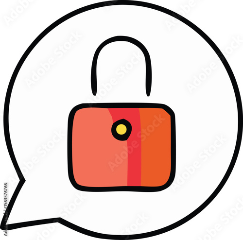 Cartoon speech bubble containing a simple colorful padlock icon with a bold black outline and white background