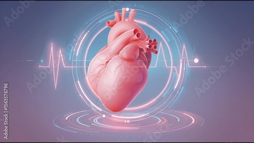 3D Illustration of Human Heart with Futuristic Digital Interface Highlighting Medical Technology, Cardiology, and Advanced Visualization Through Glowing Holographic Elements and Electrocardiogram Line