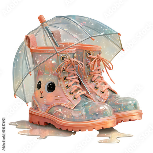Cat-faced rain boots with whisker detailing, oversized eyes, cartoonish charm, matching kawaii umbrella nearby, transparent background, captured with soft shadows and dark fabric background