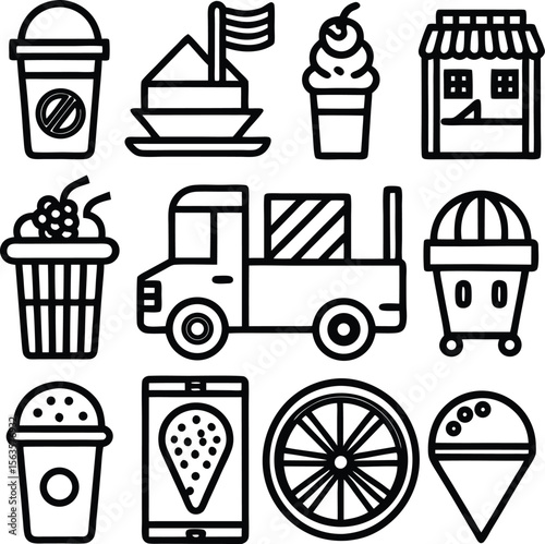 Collection of stylized food and drink icons including ice cream drinks a truck and a shop