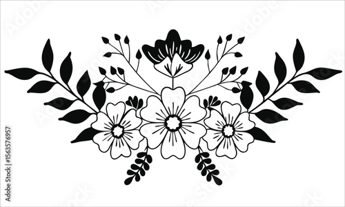 Black floral arrangement with leaves and buds botanical