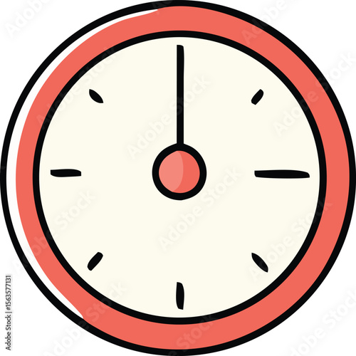 A simple cartoon clock with a coral red border and black hands indicating the time