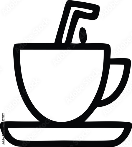 Simple black and white line drawing of a coffee cup with a straw and a small splash of liquid