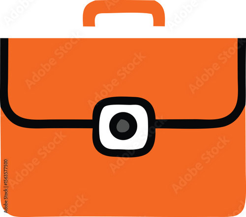 Stylized cartoon orange briefcase with a black strap and a single eye like closure representing business or travel