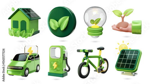 3d, icon, energy, eco, sustainability, solar, green, electric, bike, vehicle, lightbulb, house, tree, leaf, power, renewable, nature, environment, clean, greenenergy, ecofriendly, energyicons, minimal