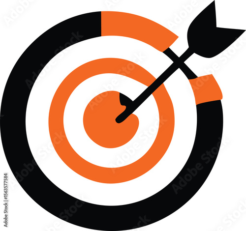 Precision aiming arrow hits the center of a black and orange target symbolizing success and goal achievement
