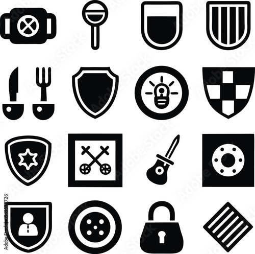 Collection of diverse black and white icons representing security safety and various everyday objects in a clean graphic style